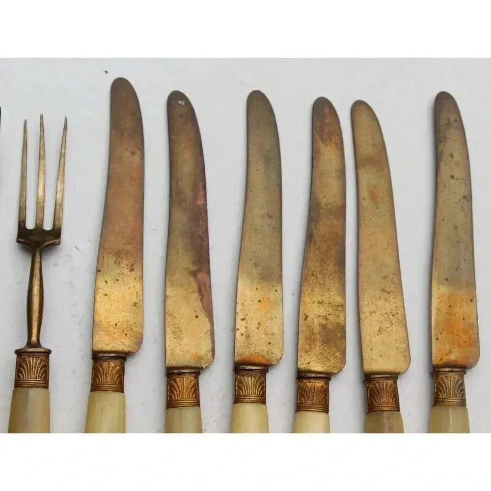 Antique 1800s Victorian Bone Fork & Knife Set Utensils Silverware